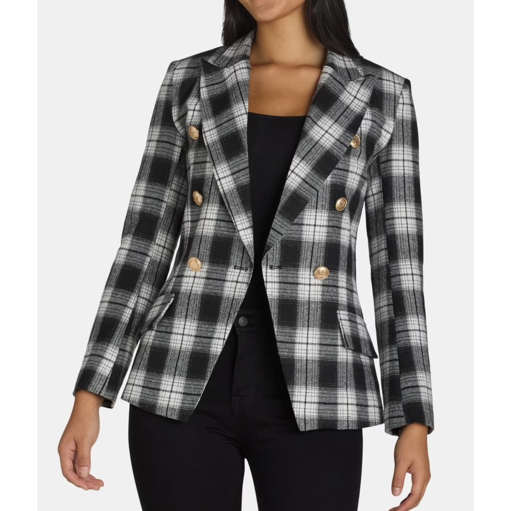 Attitude Unknown Womens Blazer Size S Black/ White Glen Plaid Metallic Buttons